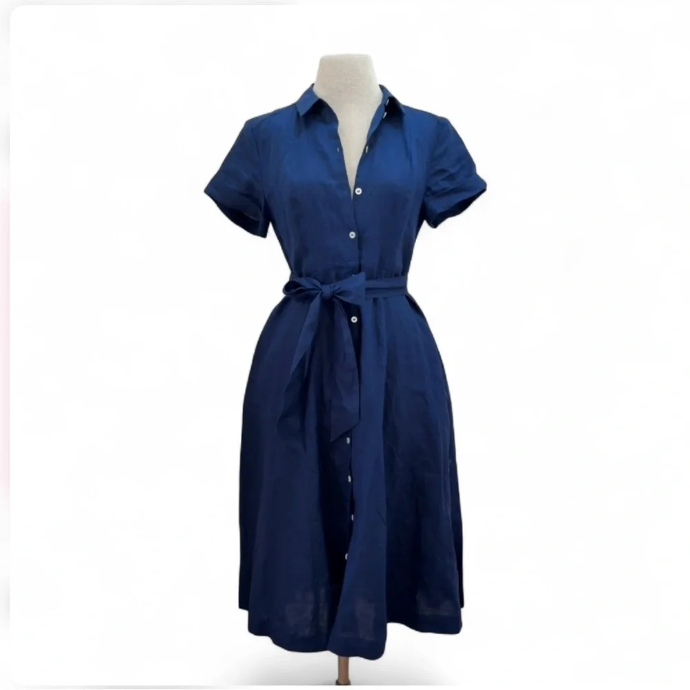 Tuckernuck Hill House Navy 100% Linen Lily Shirt Dress Size XS Nautical Coastal - Picture 2 of 16